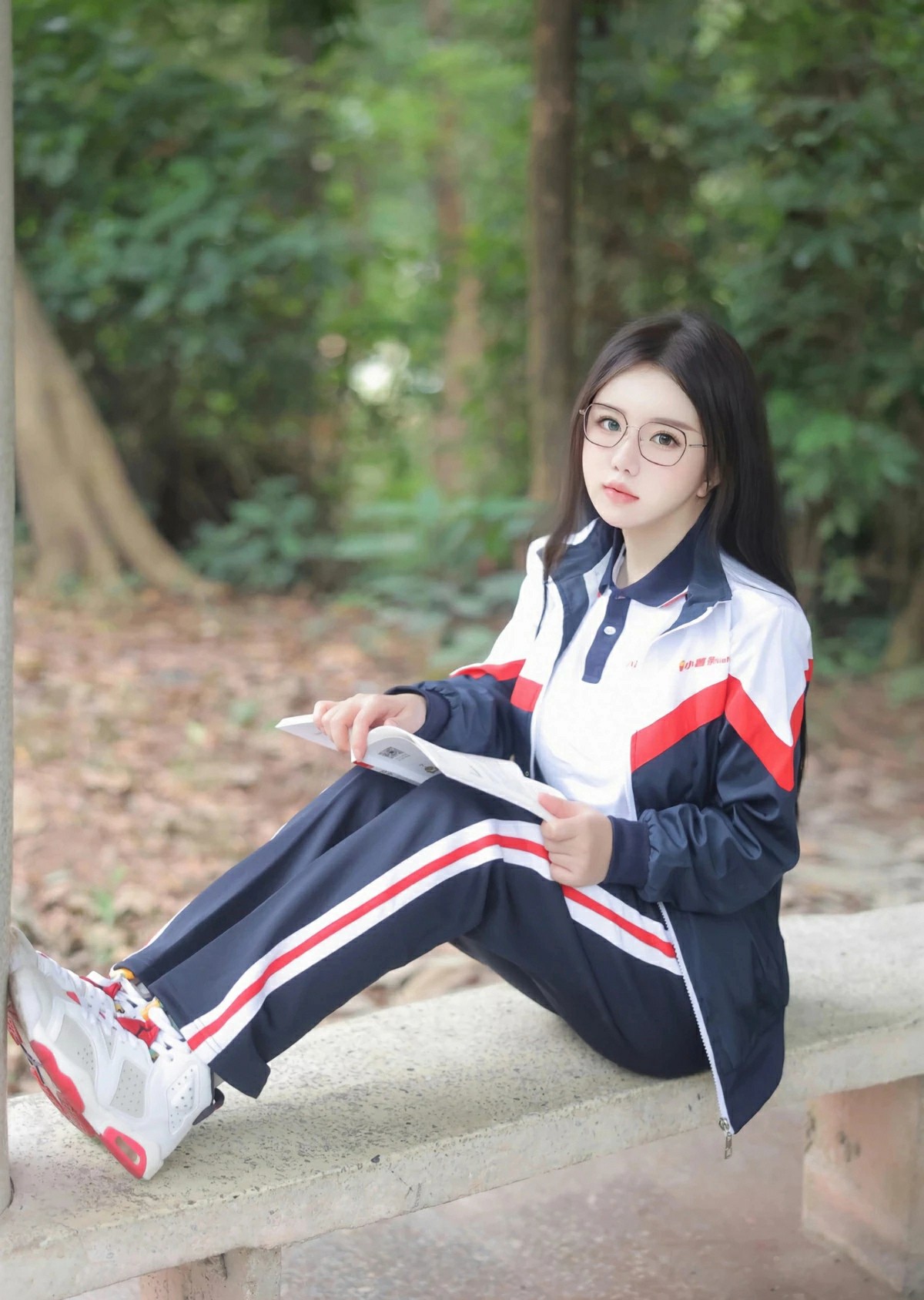 校园林间长椅上的校服少女阅读时刻