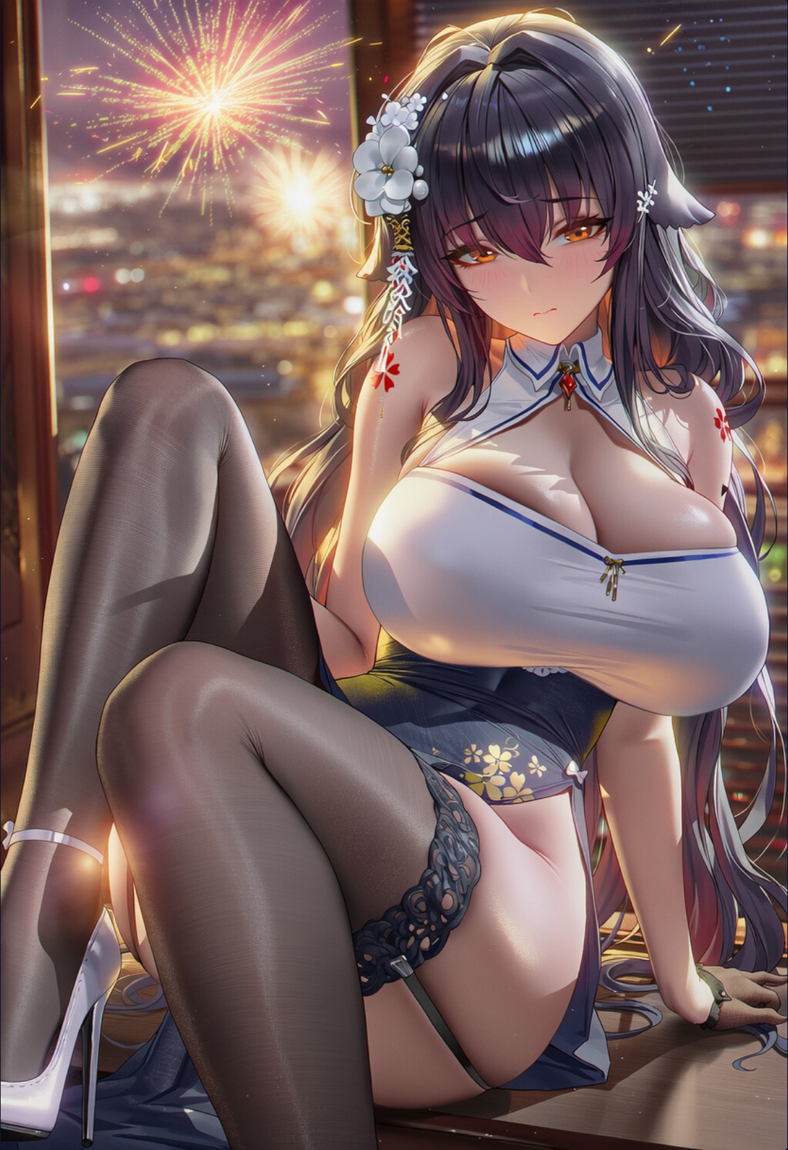 烟花夜景下的二次元性感美少女