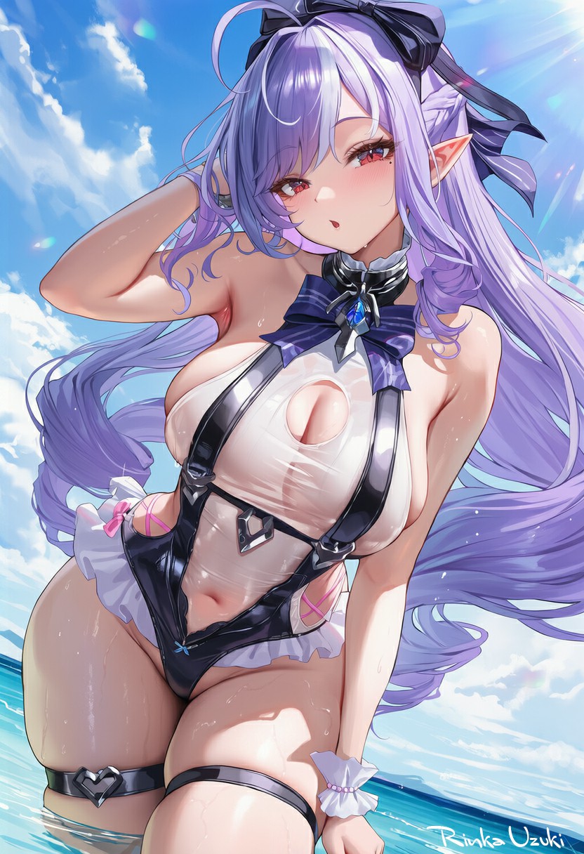 紫发精灵泳装少女 海边夏日清凉感拉满