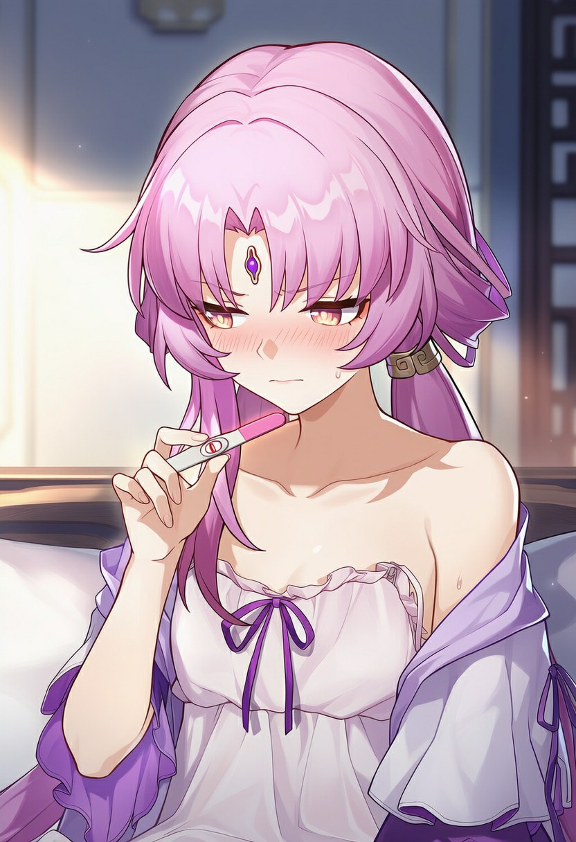 粉发美少女持验孕棒,神情忐忑藏情绪