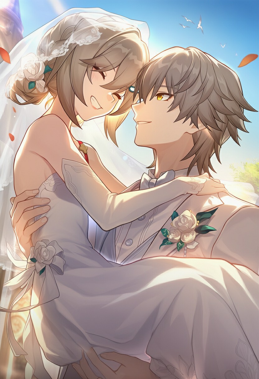 开拓者抱流萤入怀 星穹铁道婚礼向绝美同人