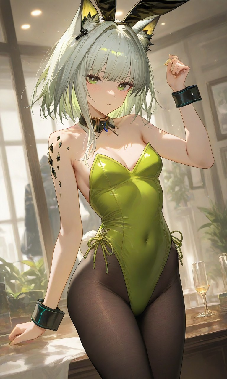 兔耳娘绿色紧身衣|室内氛围感拉满