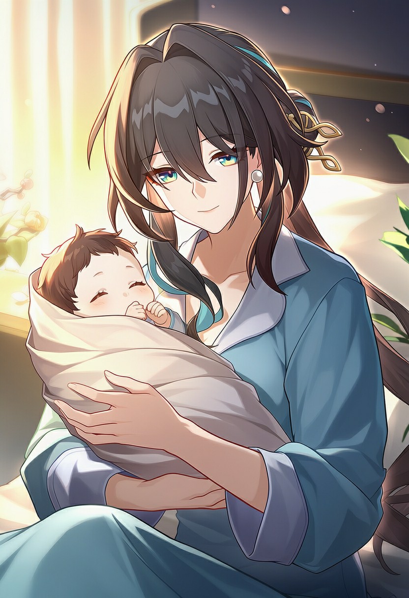 温柔女子怀抱熟睡婴儿的治愈画面