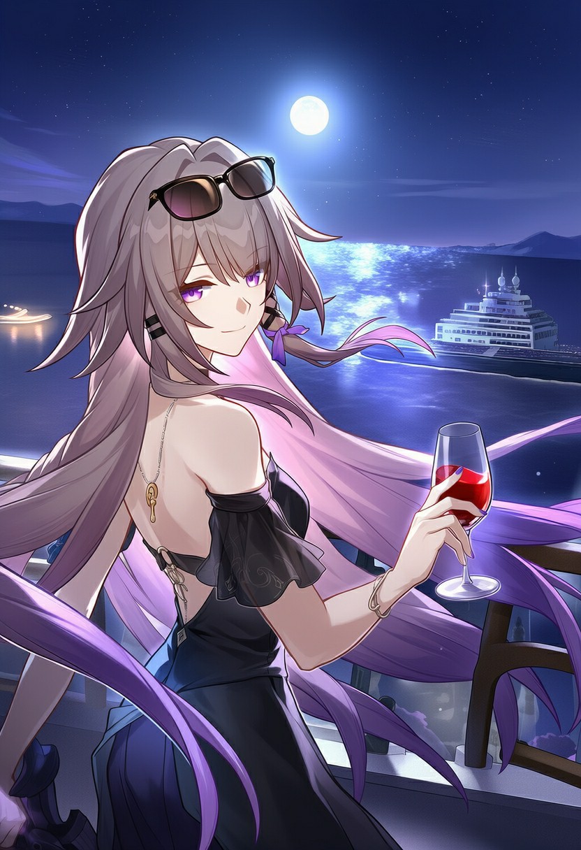 满月游轮夜色下 紫发少女露台悠然品酒