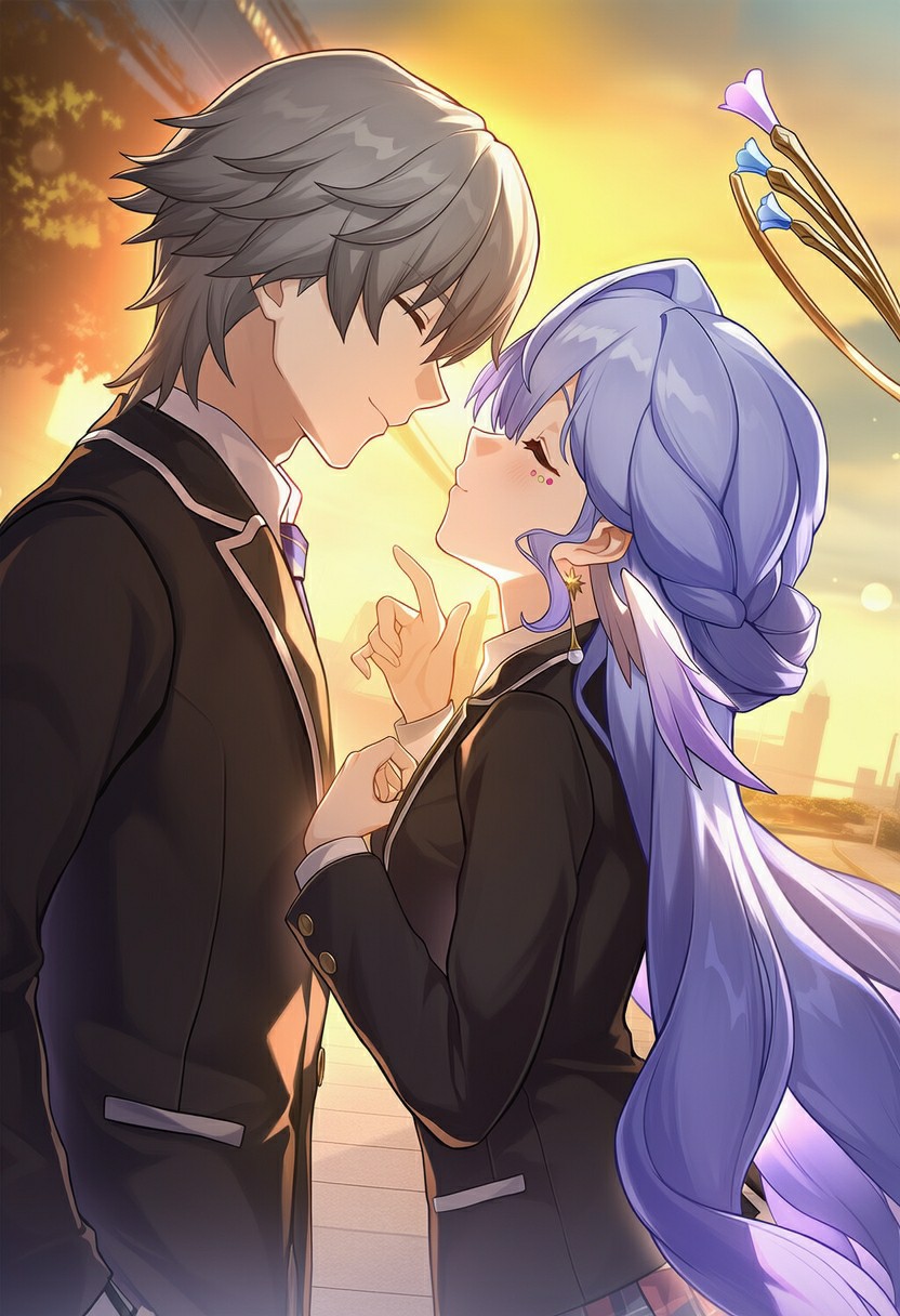 黄昏校园步道上穹与知更鸟的浪漫时刻