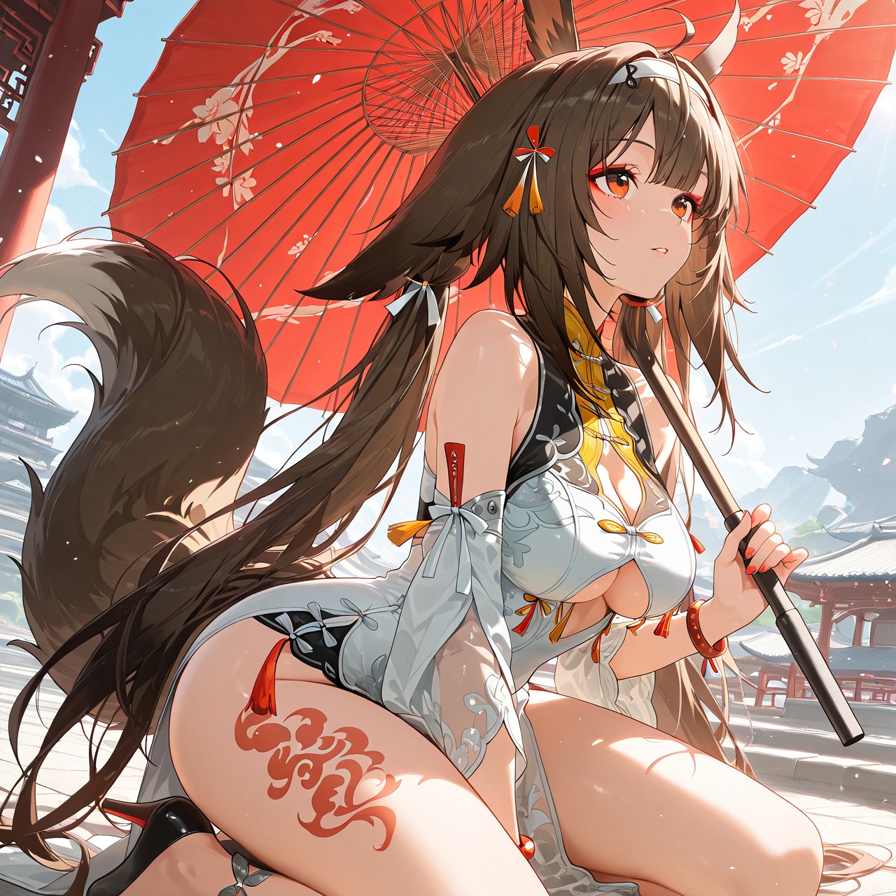 古风兽耳美少女持红伞，梦幻场景氛围感拉满