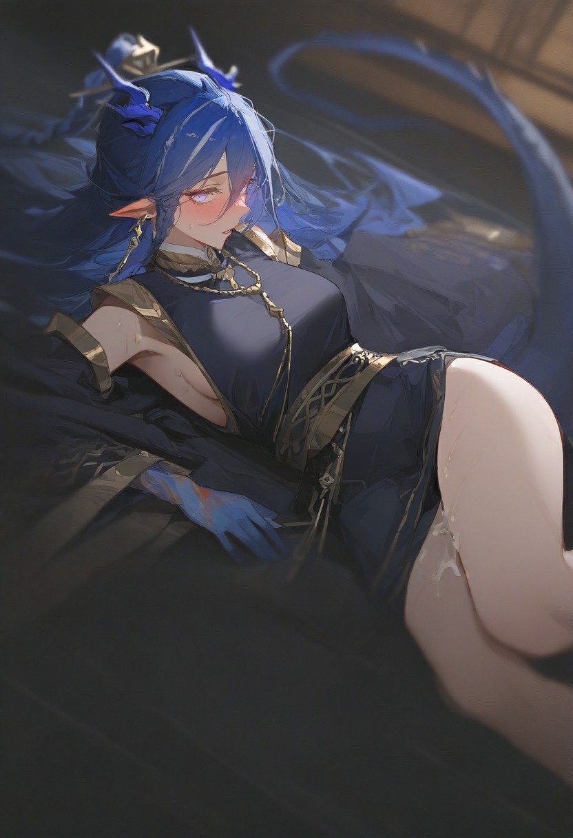 神秘蓝发少女的慵懒姿态