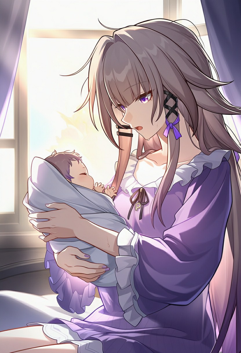 怀拥襁褓婴儿的紫衣少女，无措间尽显柔意