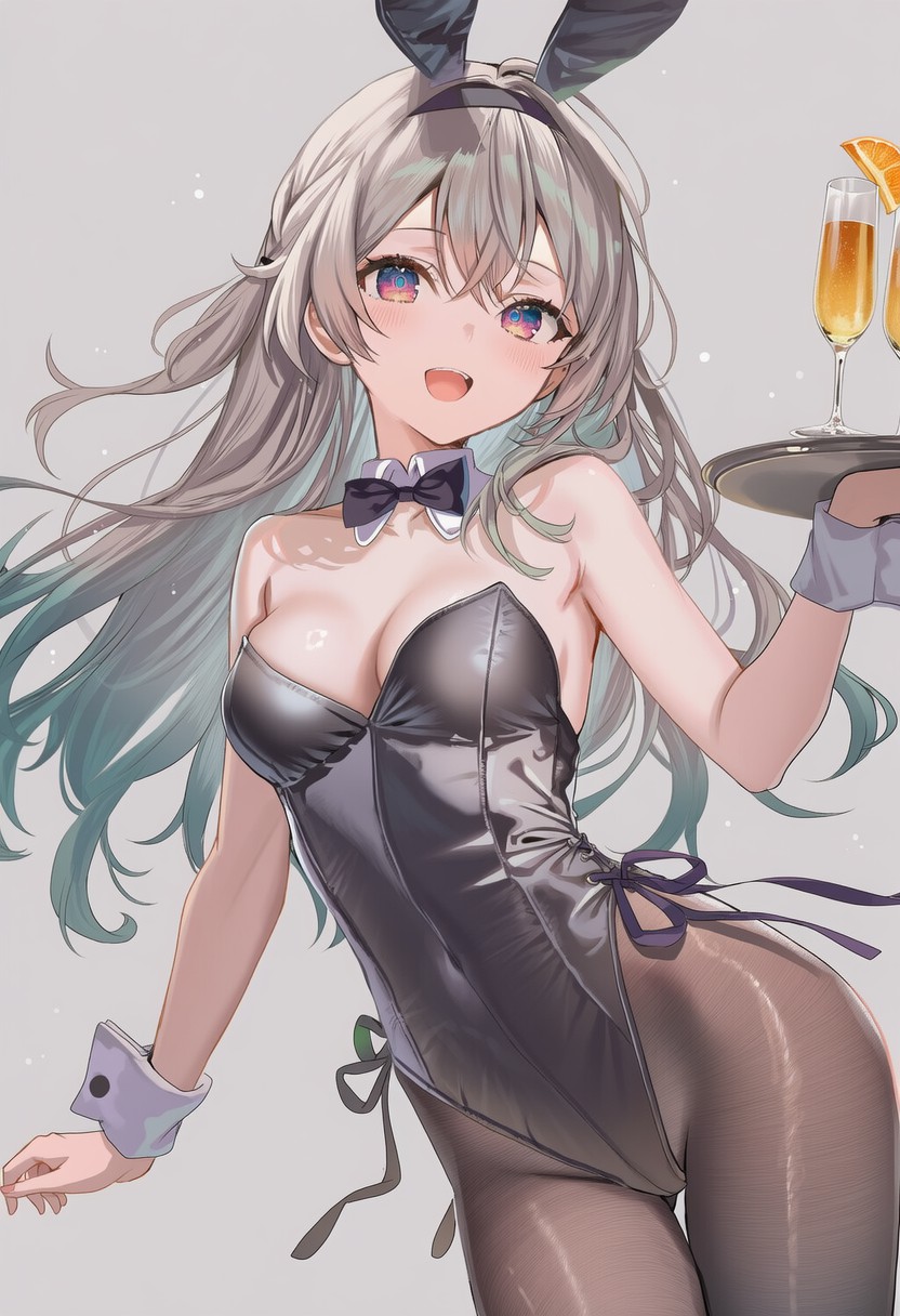 渐变长发兔耳装少女，持香槟托盘尽显灵动