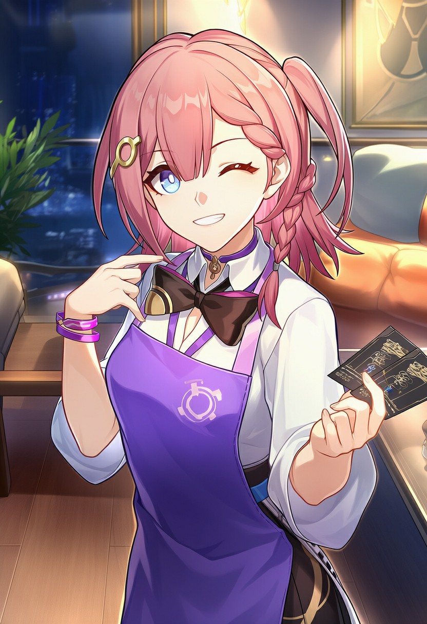 粉发元气少女的紫色围裙造型