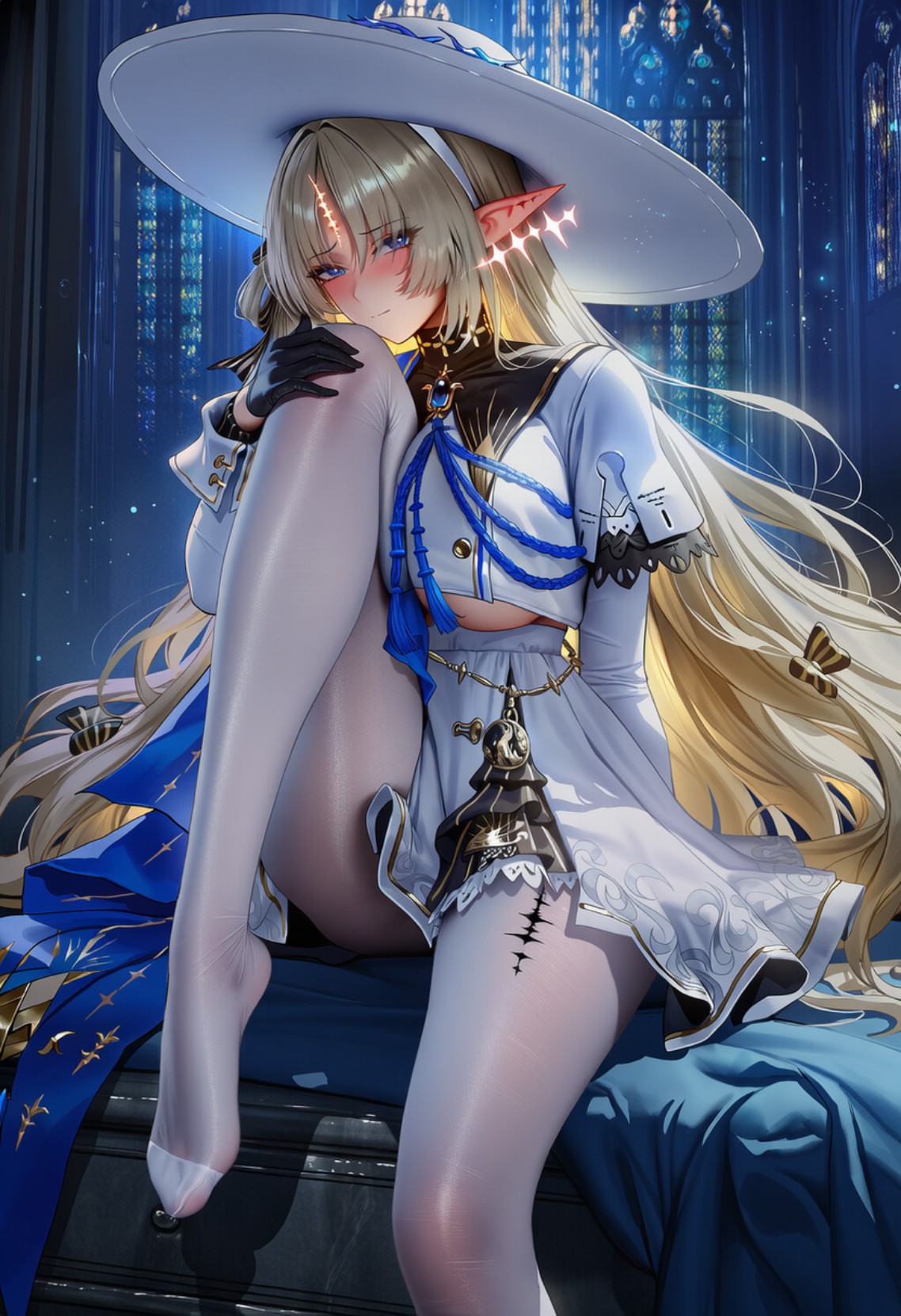 蓝白精灵巫女，教堂背景氛围感绝了