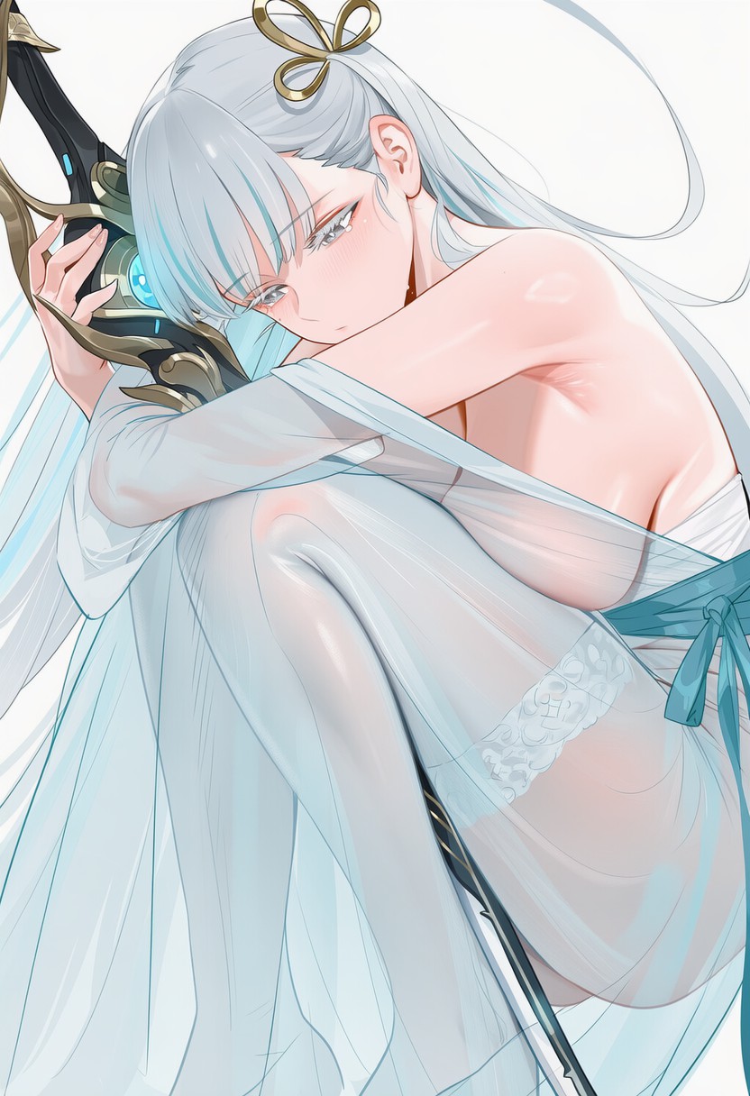 银发少女抱剑倚坐 薄纱朦胧氛围感拉满