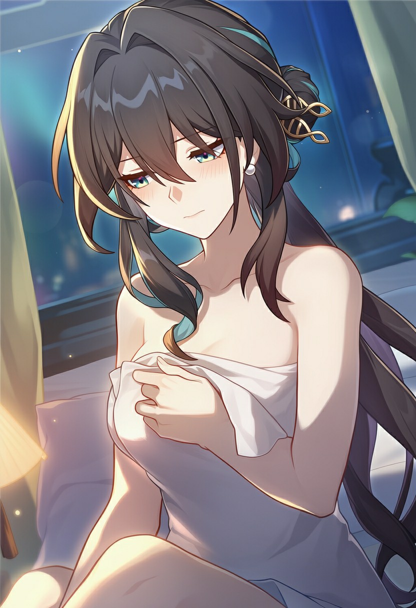 夜阑寝房灯暖,阮梅裹巾羞赧垂眸轻语