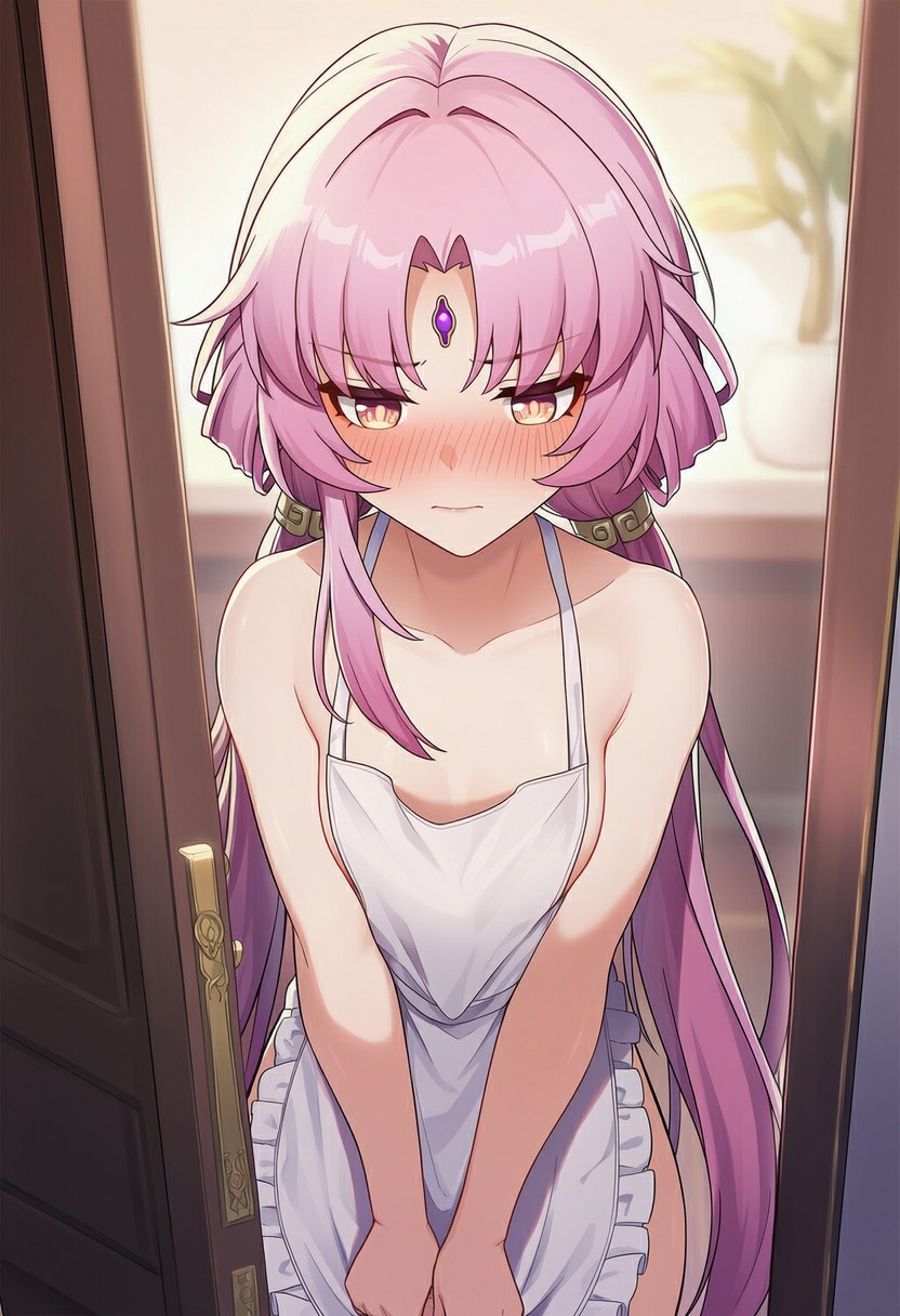 粉发少女穿围裙害羞登场,可爱值拉满