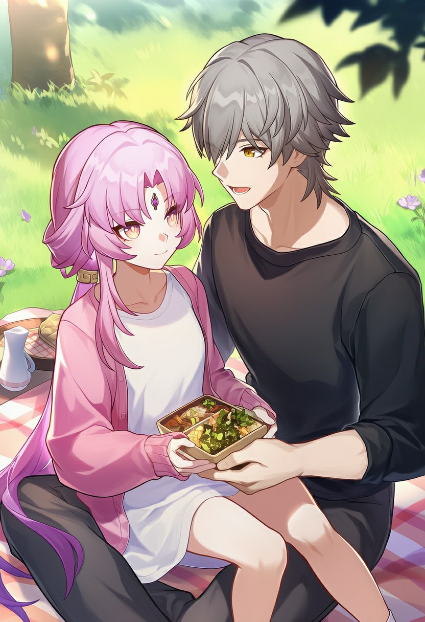 动漫情侣草地野餐 温馨互动超治愈