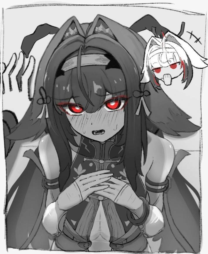 红瞳少女紧张冒汗的可爱画面