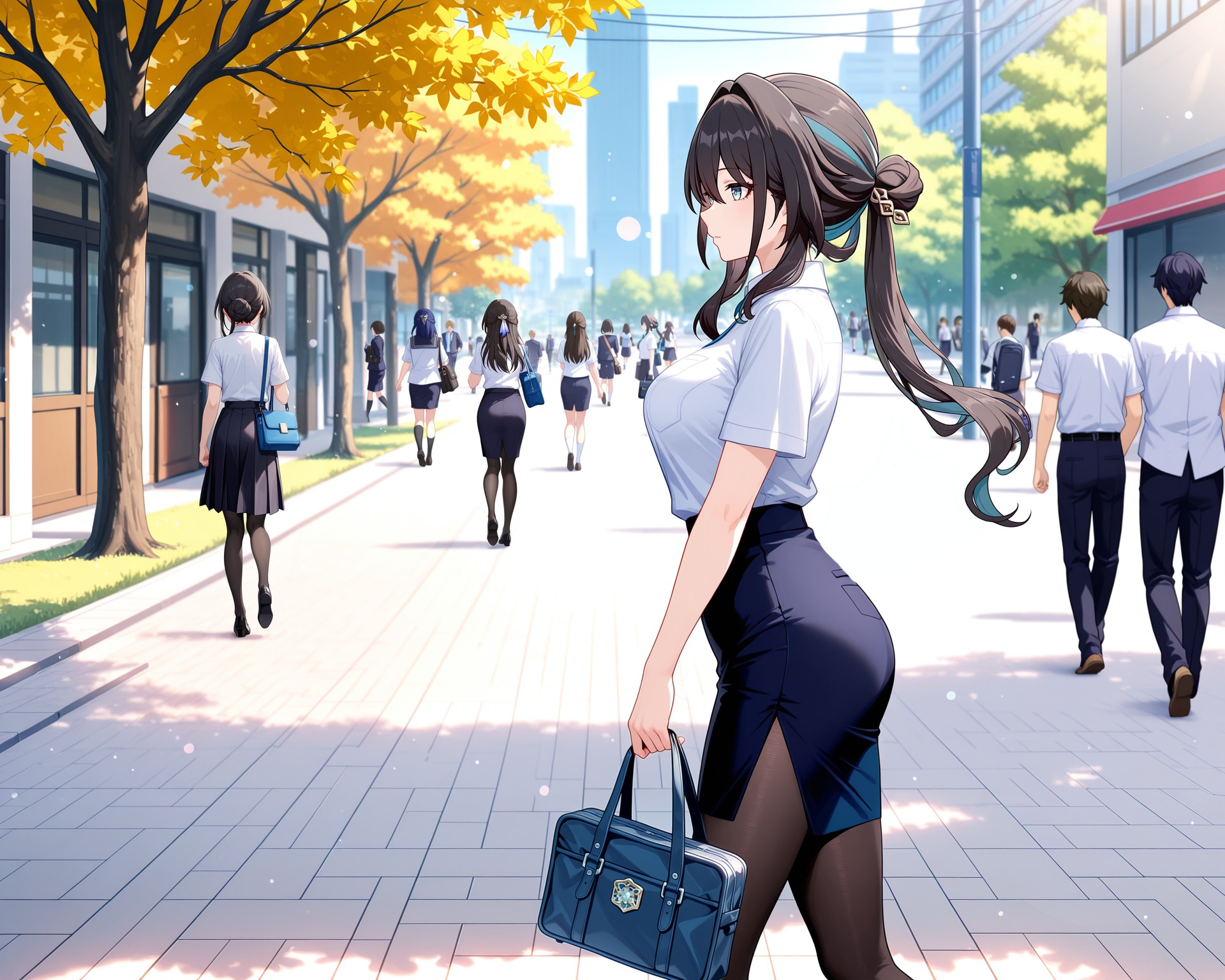 秋日校园街道的制服少女风采