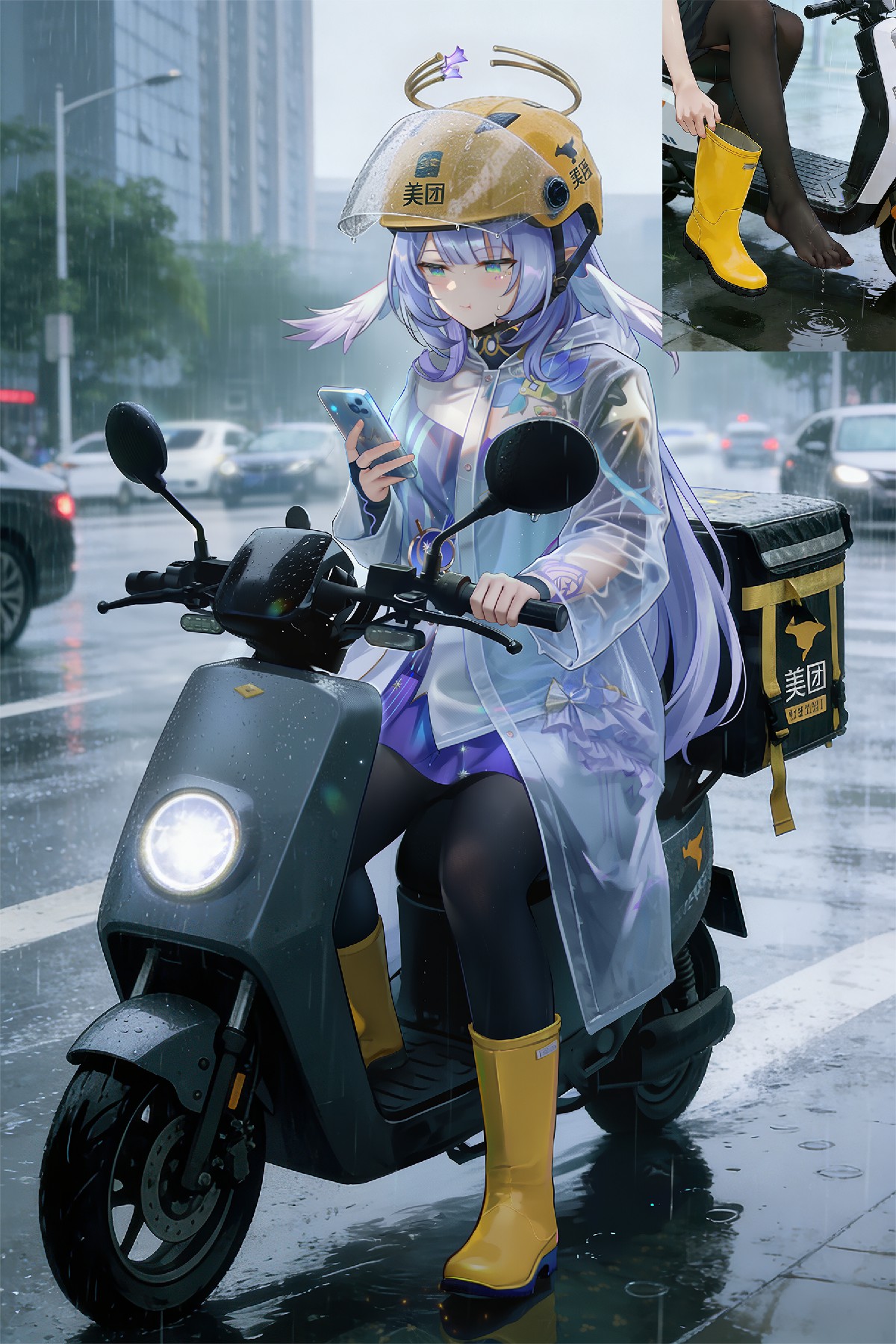 二次元少女化身雨中美团骑手