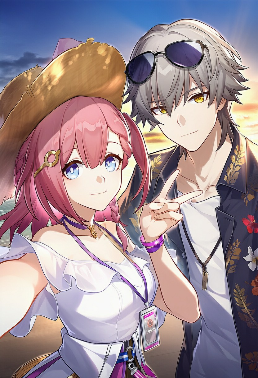 星穹铁道开拓者与艾丝妲海边日落自拍