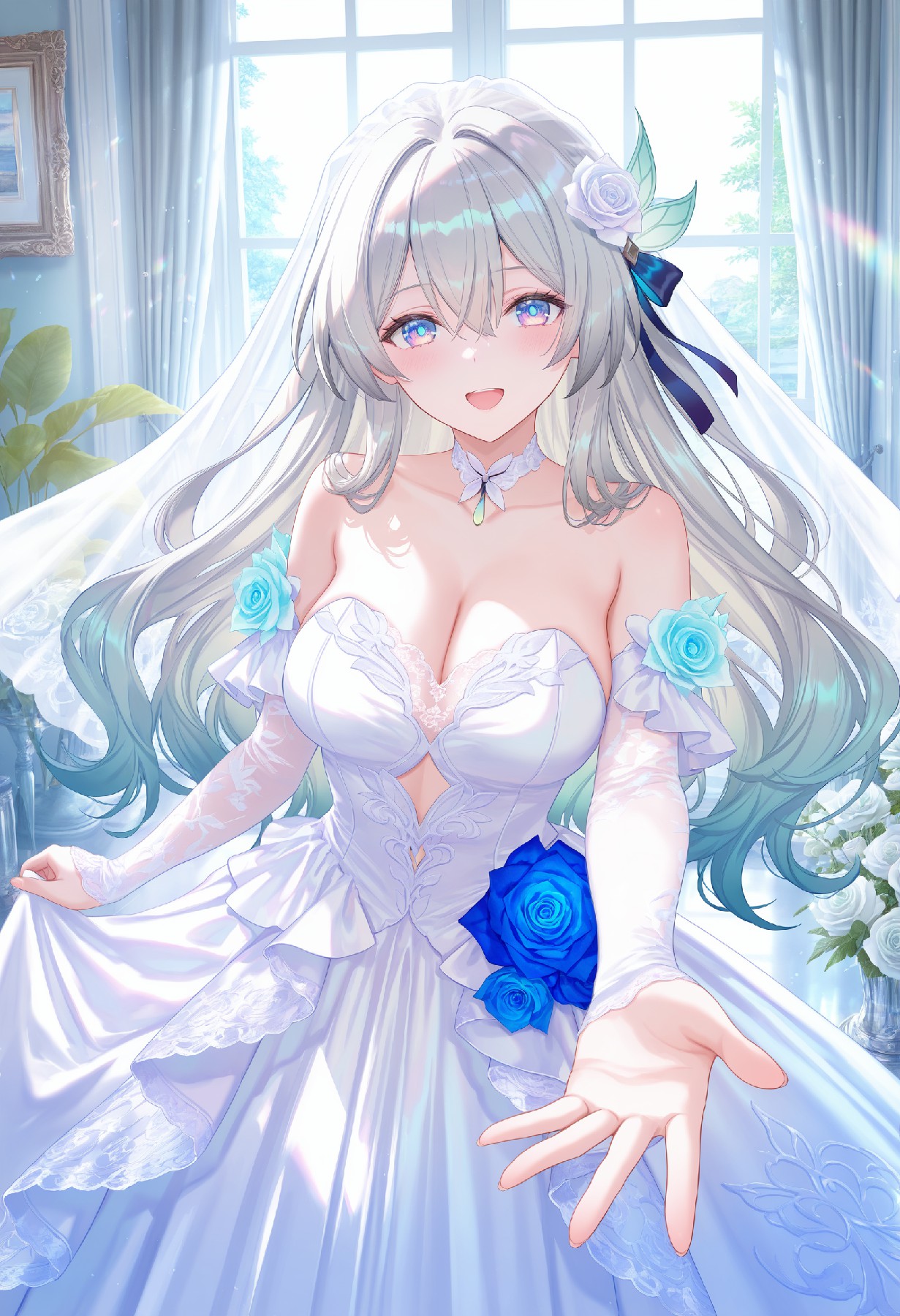 银发婚纱少女，童话般浪漫氛围