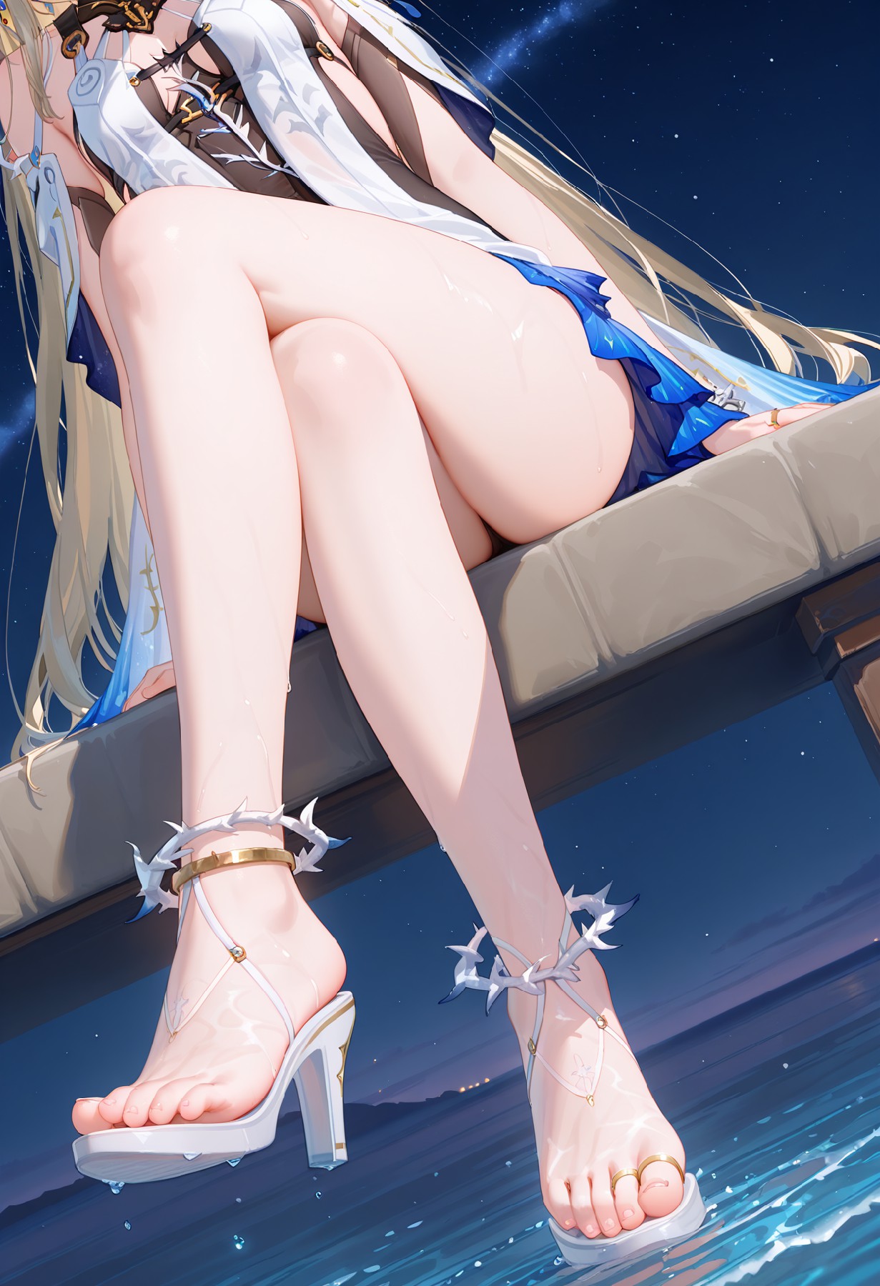 夏夜海边二次元少女的美腿凉鞋