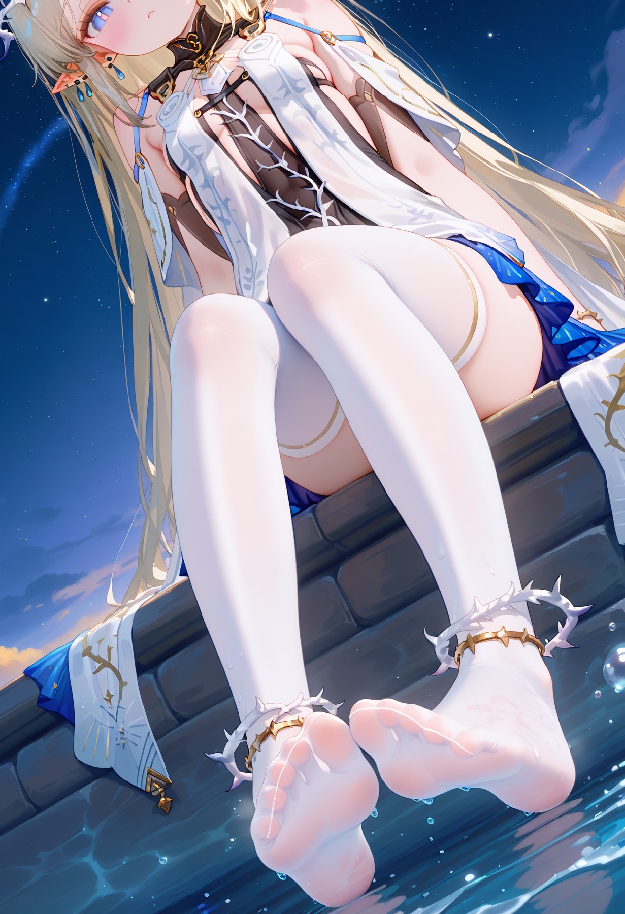 星夜水畔的精灵少女，白丝足踝缠荆棘微光