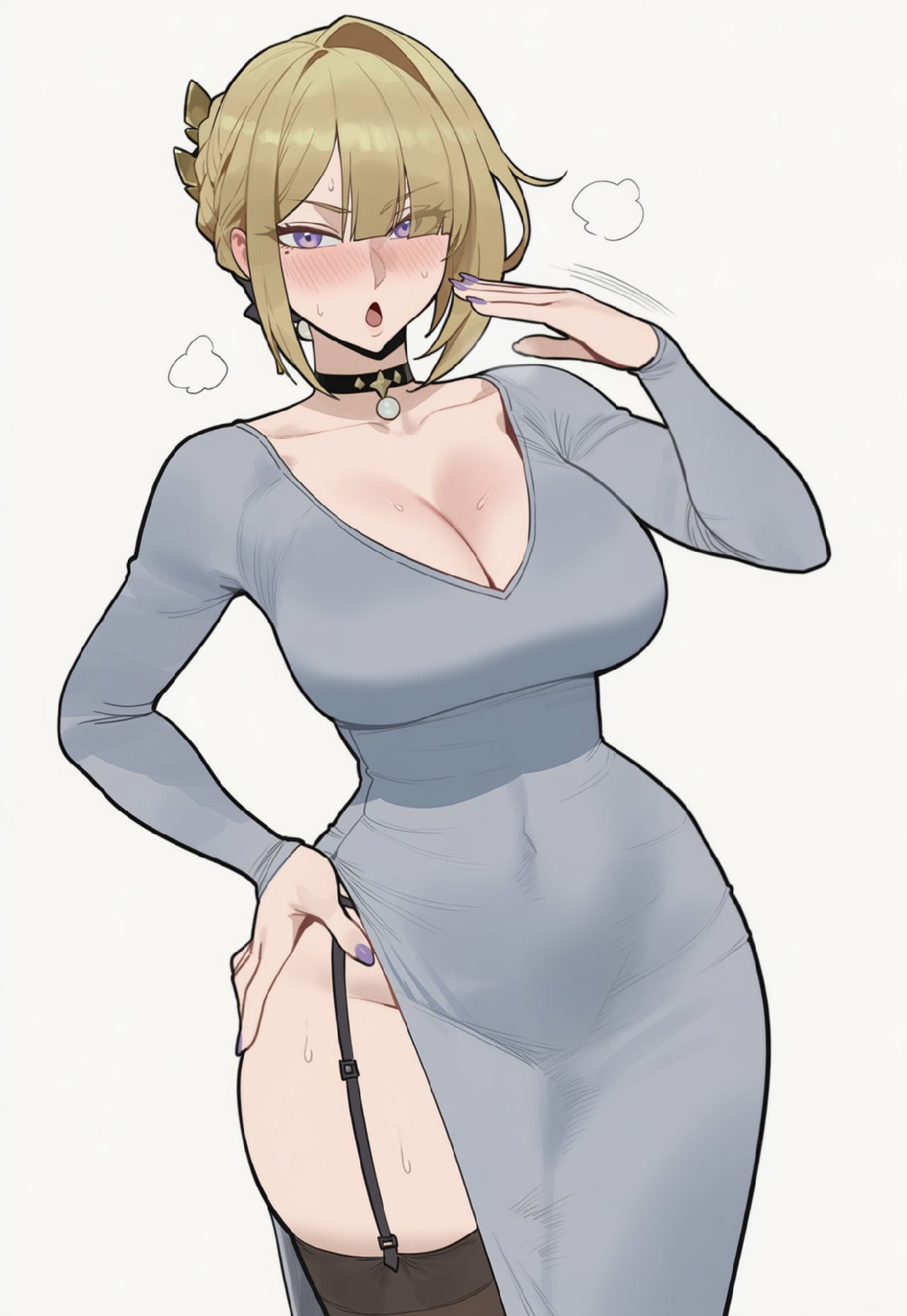 深V灰裙勾勒傲人身材,御姐娇羞超吸睛