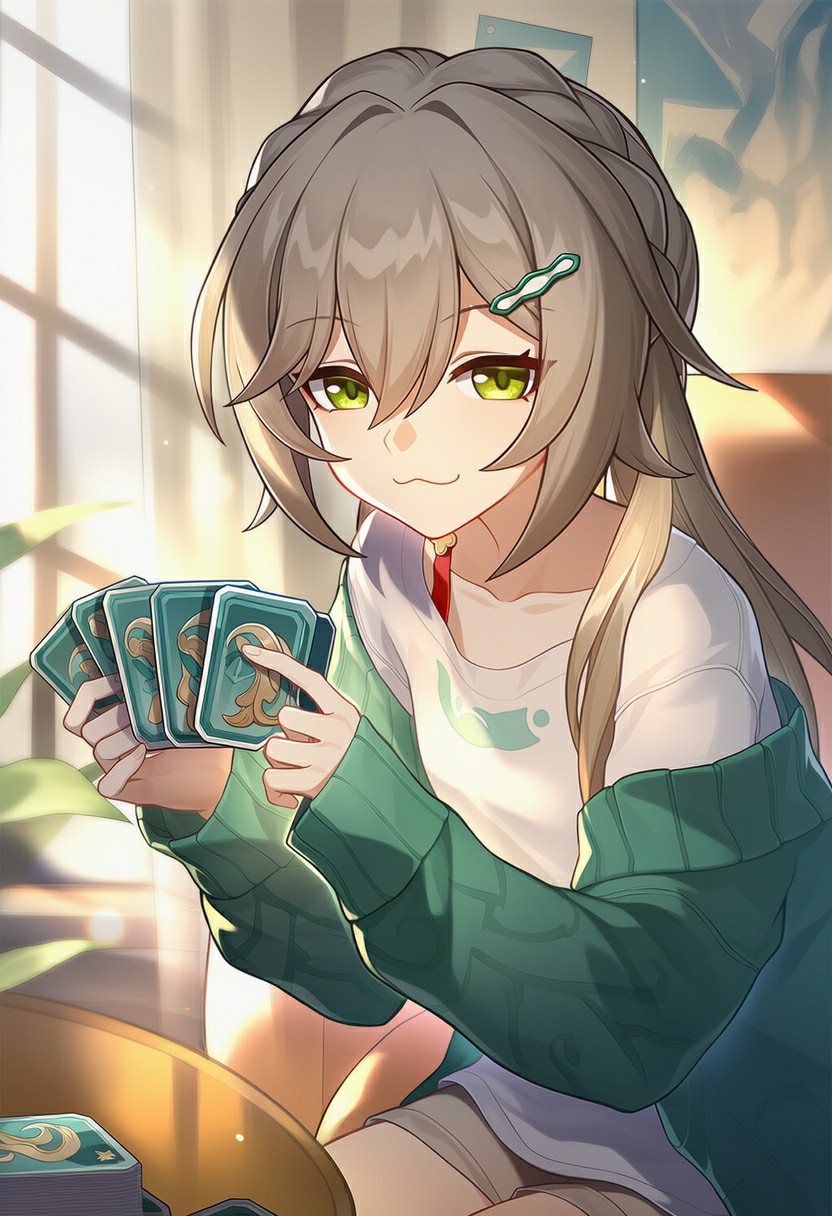 绿眸少女持卡牌，阳光里的休闲时光