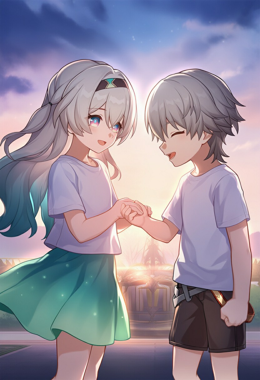 幼年流萤与开拓者，黄昏下的暖心牵手