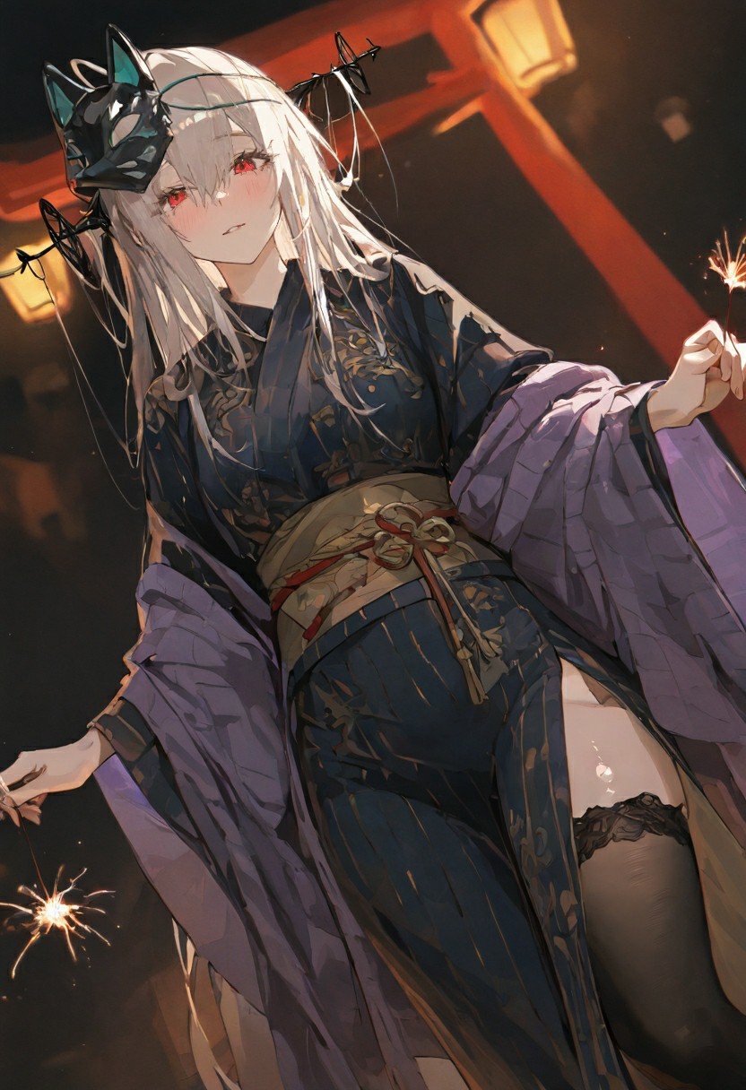 暗夜祭典银发狐面少女与烟花绽放