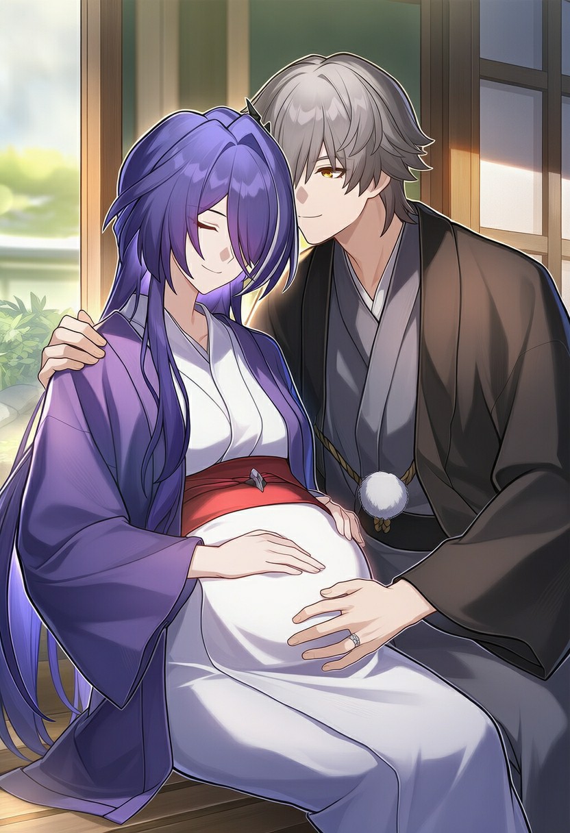 和风庭院里的孕期甜蜜依偎