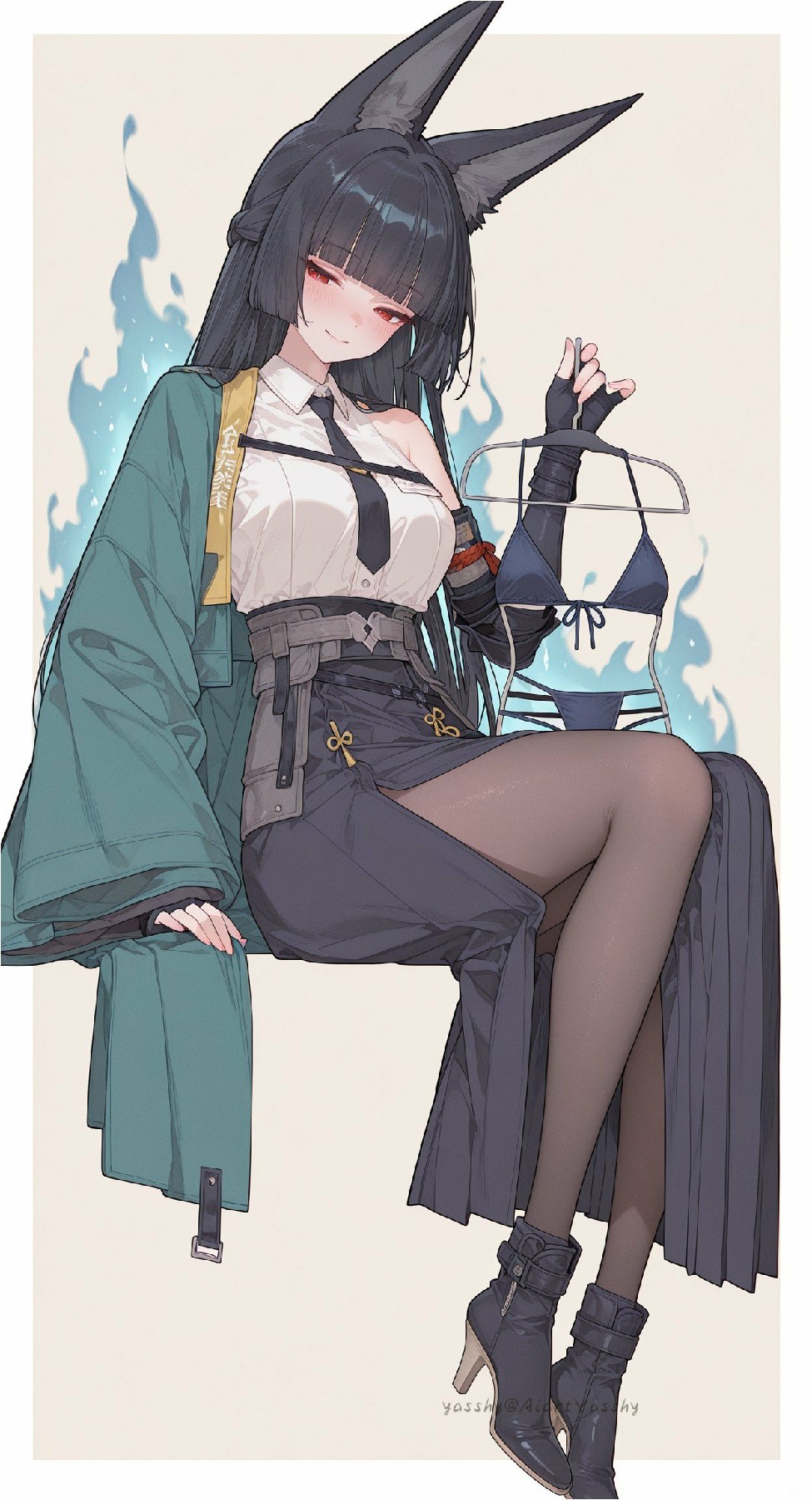 黑长直兽耳娘的时尚造型与泳装元素