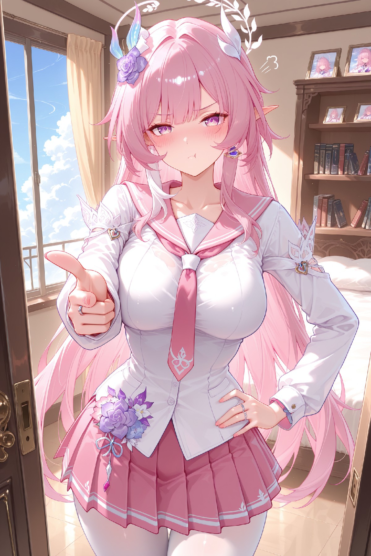 粉发精灵耳少女的水手服穿搭