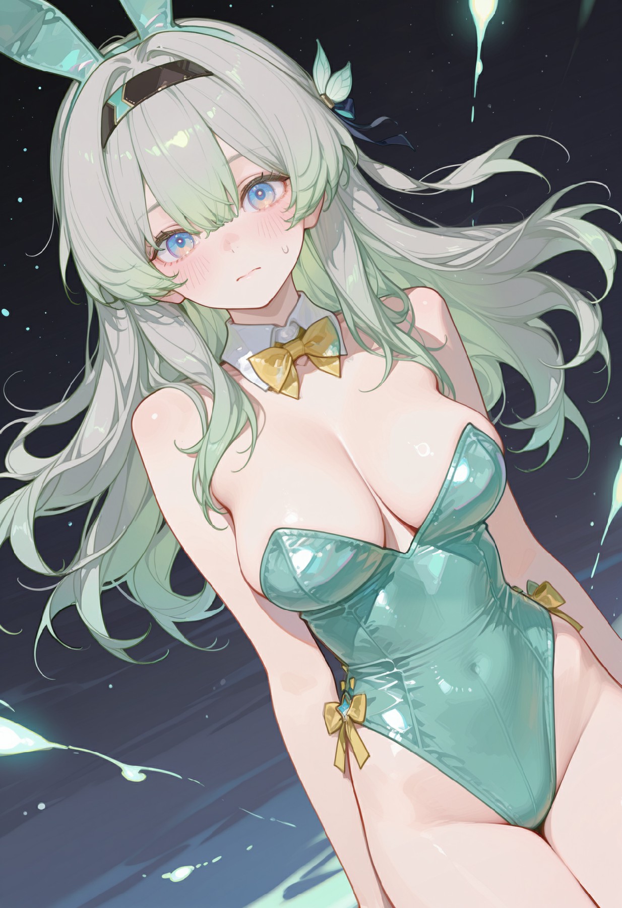 薄荷绿兔耳少女的亮面兔女郎造型